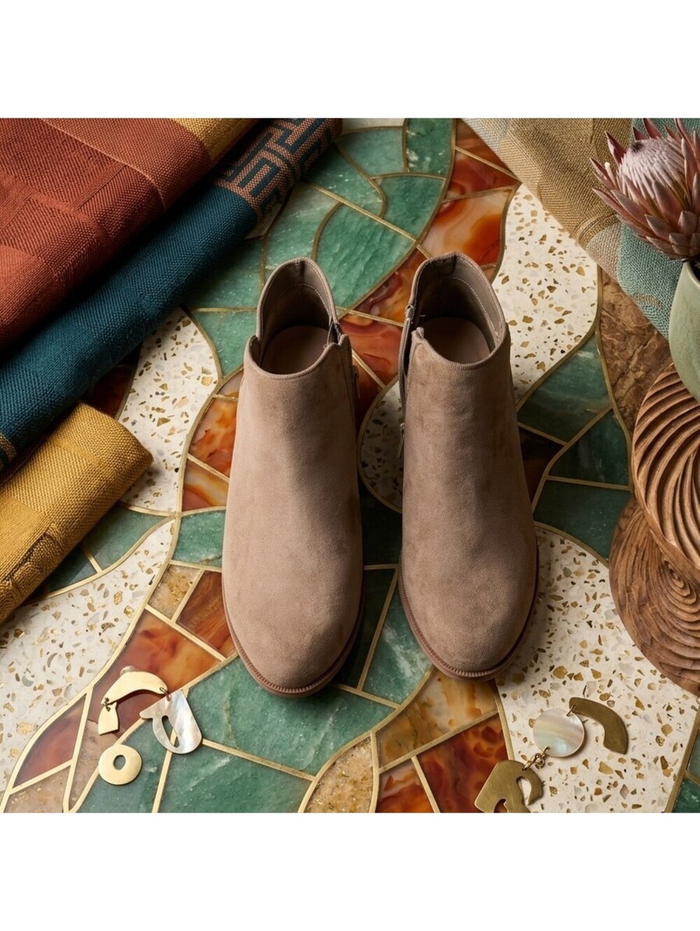 Amazon Essentials Taupe Suede Low Heel Ankle Boots Size 38 US 7.5 8